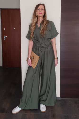 wiskozowy-komplet-khaki-koszula-spodnie dla-wysokiej-kobiety